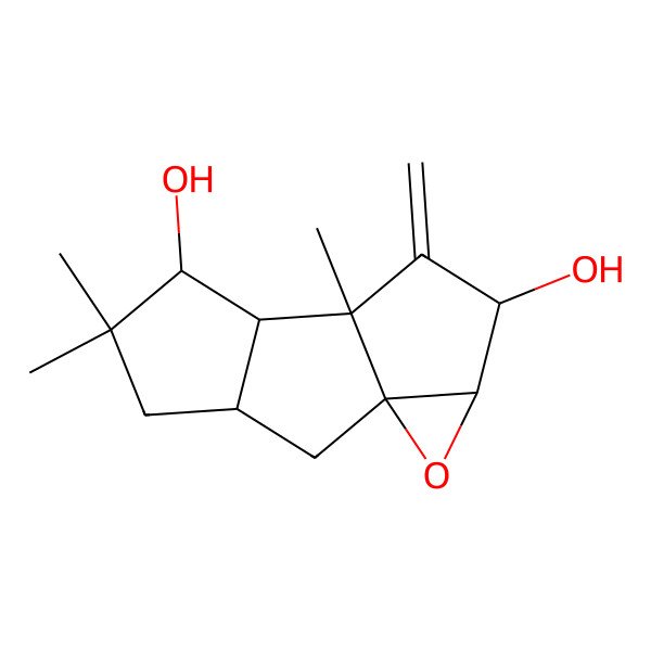 2D Structure of 5,5,8-Trimethyl-9-methylidene-12-oxatetracyclo[6.4.0.01,11.03,7]dodecane-6,10-diol