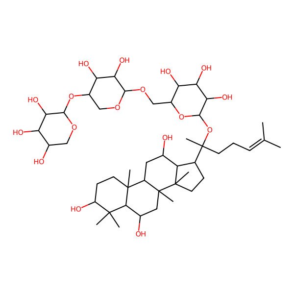 2D Structure of 2-[[3,4-dihydroxy-5-(3,4,5-trihydroxyoxan-2-yl)oxyoxan-2-yl]oxymethyl]-6-[6-methyl-2-(3,6,12-trihydroxy-4,4,8,10,14-pentamethyl-2,3,5,6,7,9,11,12,13,15,16,17-dodecahydro-1H-cyclopenta[a]phenanthren-17-yl)hept-5-en-2-yl]oxyoxane-3,4,5-triol
