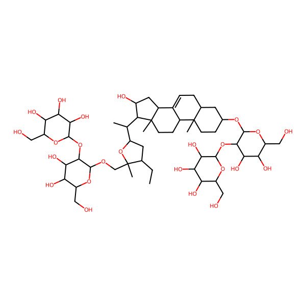 2D Structure of (2S,3R,4S,5S,6R)-2-[(2R,3R,4S,5S,6R)-2-[[(2S,3S,5R)-5-[(1S)-1-[(3S,5S,9R,10S,13S,14R,16S,17R)-3-[(2R,3R,4S,5S,6R)-4,5-dihydroxy-6-(hydroxymethyl)-3-[(2S,3R,4S,5S,6R)-3,4,5-trihydroxy-6-(hydroxymethyl)oxan-2-yl]oxyoxan-2-yl]oxy-16-hydroxy-10,13-dimethyl-2,3,4,5,6,9,11,12,14,15,16,17-dodecahydro-1H-cyclopenta[a]phenanthren-17-yl]ethyl]-3-ethyl-2-methyloxolan-2-yl]methoxy]-4,5-dihydroxy-6-(hydroxymethyl)oxan-3-yl]oxy-6-(hydroxymethyl)oxane-3,4,5-triol
