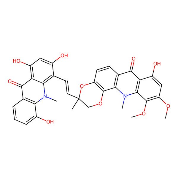 2D Structure of (3R)-8-hydroxy-10,11-dimethoxy-3,12-dimethyl-3-[(E)-2-(1,3,5-trihydroxy-10-methyl-9-oxoacridin-4-yl)ethenyl]-2H-[1,4]dioxino[2,3-c]acridin-7-one