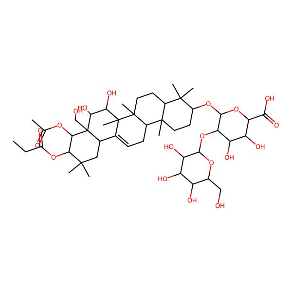 2D Structure of (2S,3S,4S,5R,6R)-6-[[(3S,4aR,6aR,6bS,7R,8S,8aR,9R,10R,12aS,14aR,14bR)-9-acetyloxy-7,8-dihydroxy-8a-(hydroxymethyl)-4,4,6a,6b,11,11,14b-heptamethyl-10-propanoyloxy-1,2,3,4a,5,6,7,8,9,10,12,12a,14,14a-tetradecahydropicen-3-yl]oxy]-3,4-dihydroxy-5-[(2S,3R,4S,5S,6R)-3,4,5-trihydroxy-6-(hydroxymethyl)oxan-2-yl]oxyoxane-2-carboxylic acid