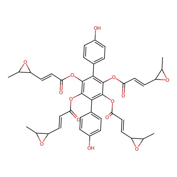 2D Structure of [2,5-bis(4-hydroxyphenyl)-3,6-bis[[(Z)-3-[(2S,3S)-3-methyloxiran-2-yl]prop-2-enoyl]oxy]-4-[(Z)-3-[(2R,3R)-3-methyloxiran-2-yl]prop-2-enoyl]oxyphenyl] (Z)-3-[(2S,3S)-3-methyloxiran-2-yl]prop-2-enoate