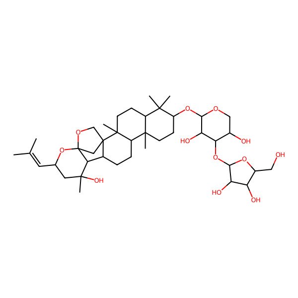 2D Structure of (2S,3R,4S,5S)-4-[(2S,3R,4R,5S)-3,4-dihydroxy-5-(hydroxymethyl)oxolan-2-yl]oxy-2-[[(1S,2R,5R,7S,10R,11R,14R,15S,16S,18R,20S)-16-hydroxy-2,6,6,10,16-pentamethyl-18-(2-methylprop-1-enyl)-19,21-dioxahexacyclo[18.2.1.01,14.02,11.05,10.015,20]tricosan-7-yl]oxy]oxane-3,5-diol