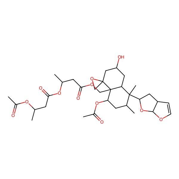2D Structure of [(2S)-4-[[(2R,4R,4aR,5S,7R,8S,8aR)-8-[(3aS,5S,6aS)-3a,4,5,6a-tetrahydrofuro[2,3-b]furan-5-yl]-5-acetyloxy-2-hydroxy-7,8-dimethylspiro[2,3,5,6,7,8a-hexahydro-1H-naphthalene-4,2'-oxirane]-4a-yl]methoxy]-4-oxobutan-2-yl] (3S)-3-acetyloxybutanoate