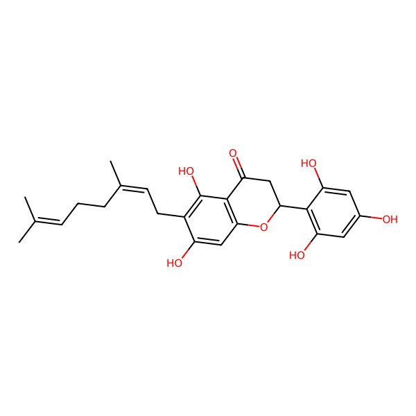 2D Structure of (2R)-6-[(2E)-3,7-dimethylocta-2,6-dienyl]-5,7-dihydroxy-2-(2,4,6-trihydroxyphenyl)-2,3-dihydrochromen-4-one