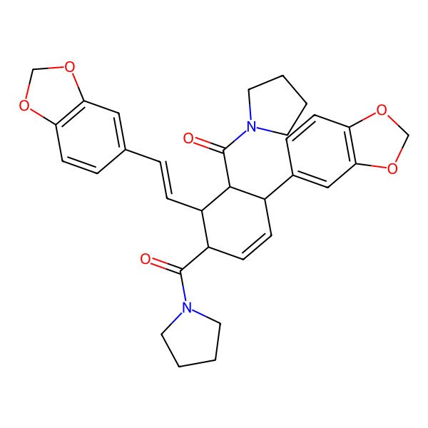 2D Structure of [4-(1,3-Benzodioxol-5-yl)-6-[2-(1,3-benzodioxol-5-yl)ethenyl]-5-(pyrrolidine-1-carbonyl)cyclohex-2-en-1-yl]-pyrrolidin-1-ylmethanone
