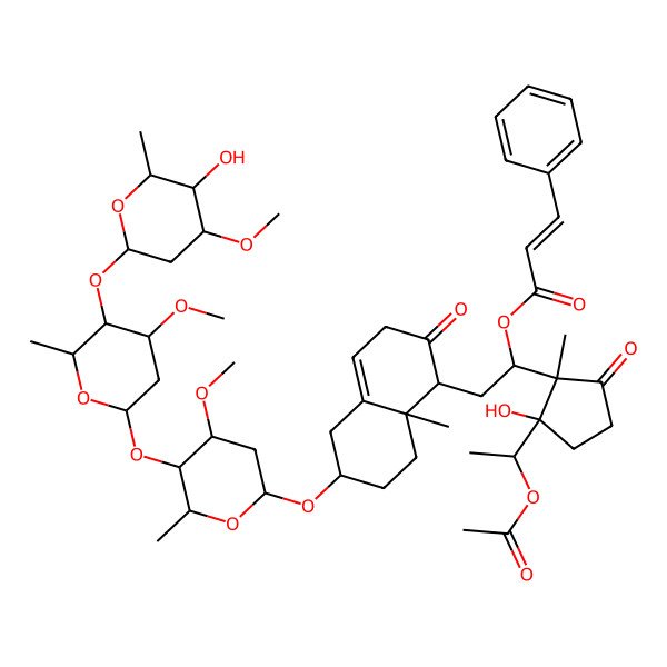 2D Structure of [1-[2-(1-Acetyloxyethyl)-2-hydroxy-1-methyl-5-oxocyclopentyl]-2-[6-[5-[5-(5-hydroxy-4-methoxy-6-methyloxan-2-yl)oxy-4-methoxy-6-methyloxan-2-yl]oxy-4-methoxy-6-methyloxan-2-yl]oxy-8a-methyl-2-oxo-1,3,5,6,7,8-hexahydronaphthalen-1-yl]ethyl] 3-phenylprop-2-enoate
