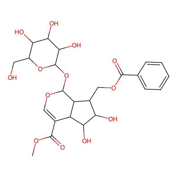 2D Structure of methyl (1S,4aS,5S,6R,7S,7aS)-7-(benzoyloxymethyl)-5,6-dihydroxy-1-[(2S,3R,4S,5S,6R)-3,4,5-trihydroxy-6-(hydroxymethyl)oxan-2-yl]oxy-1,4a,5,6,7,7a-hexahydrocyclopenta[c]pyran-4-carboxylate