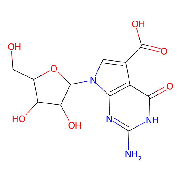 2D Structure of 2-amino-7-[(2R,3S,4S,5R)-3,4-dihydroxy-5-(hydroxymethyl)oxolan-2-yl]-4-oxo-1H-pyrrolo[2,3-d]pyrimidine-5-carboxylic acid