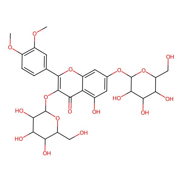 2D Structure of 2-(3,4-dimethoxyphenyl)-5-hydroxy-7-[(2S,3S,4S,5S,6R)-3,4,5-trihydroxy-6-(hydroxymethyl)oxan-2-yl]oxy-3-[(2S,3R,4S,5S,6R)-3,4,5-trihydroxy-6-(hydroxymethyl)oxan-2-yl]oxychromen-4-one