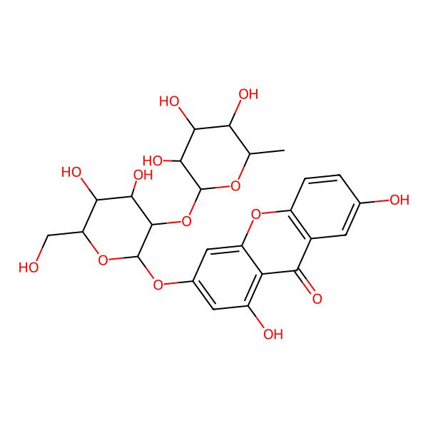 2D Structure of 3-[4,5-Dihydroxy-6-(hydroxymethyl)-3-(3,4,5-trihydroxy-6-methyloxan-2-yl)oxyoxan-2-yl]oxy-1,7-dihydroxyxanthen-9-one