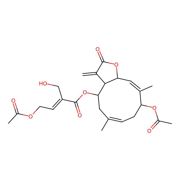 2D Structure of [(3aR,4R,6E,9R,10Z,11aR)-9-acetyloxy-6,10-dimethyl-3-methylidene-2-oxo-3a,4,5,8,9,11a-hexahydrocyclodeca[b]furan-4-yl] (E)-4-acetyloxy-2-(hydroxymethyl)but-2-enoate