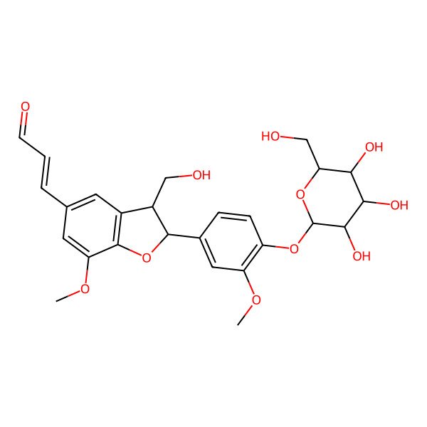 2D Structure of (E)-3-[(2S,3R)-3-(hydroxymethyl)-7-methoxy-2-[3-methoxy-4-[(2S,3R,4S,5S,6R)-3,4,5-trihydroxy-6-(hydroxymethyl)oxan-2-yl]oxyphenyl]-2,3-dihydro-1-benzofuran-5-yl]prop-2-enal