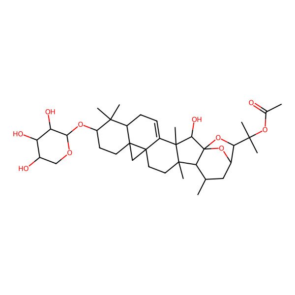 2D Structure of 2-[(1S,2S,3R,7S,9S,12R,14R,17R,18R,19R,21R,22S)-2-hydroxy-3,8,8,17,19-pentamethyl-9-[(2S,3R,4S,5R)-3,4,5-trihydroxyoxan-2-yl]oxy-23,24-dioxaheptacyclo[19.2.1.01,18.03,17.04,14.07,12.012,14]tetracos-4-en-22-yl]propan-2-yl acetate