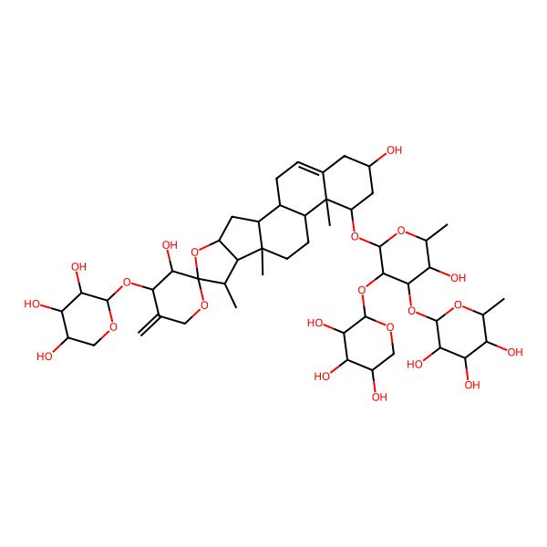 2D Structure of 2-[2-[3',16-Dihydroxy-7,9,13-trimethyl-5'-methylidene-4'-(3,4,5-trihydroxyoxan-2-yl)oxyspiro[5-oxapentacyclo[10.8.0.02,9.04,8.013,18]icos-18-ene-6,2'-oxane]-14-yl]oxy-5-hydroxy-6-methyl-3-(3,4,5-trihydroxyoxan-2-yl)oxyoxan-4-yl]oxy-6-methyloxane-3,4,5-triol