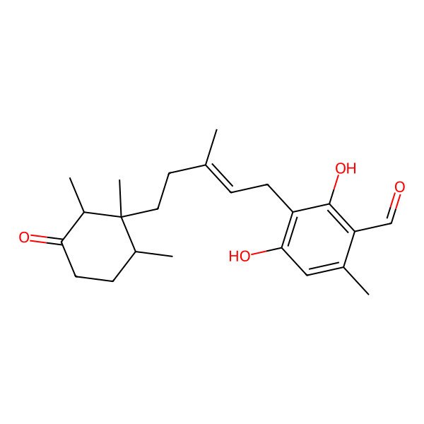 2D Structure of 2,4-dihydroxy-6-methyl-3-[(E)-3-methyl-5-[(1S,2S,6R)-1,2,6-trimethyl-3-oxocyclohexyl]pent-2-enyl]benzaldehyde
