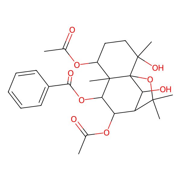 2D Structure of (5,8-Diacetyloxy-2,12-dihydroxy-2,6,10,10-tetramethyl-11-oxatricyclo[7.2.1.01,6]dodecan-7-yl) benzoate
