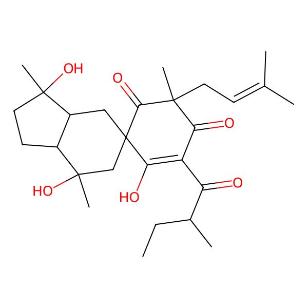 2D Structure of (2'S,3R,3aS,5R,7R,7aS)-3,5',7-trihydroxy-2',3,7-trimethyl-4'-(2-methylbutanoyl)-2'-(3-methylbut-2-enyl)spiro[1,2,3a,4,6,7a-hexahydroindene-5,6'-cyclohex-4-ene]-1',3'-dione