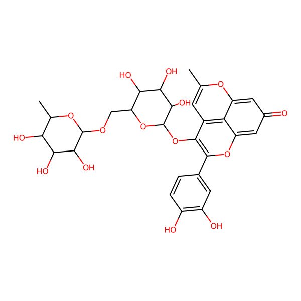 2D Structure of 3-(3,4-Dihydroxyphenyl)-7-methyl-4-[3,4,5-trihydroxy-6-[(3,4,5-trihydroxy-6-methyloxan-2-yl)oxymethyl]oxan-2-yl]oxy-2,8-dioxatricyclo[7.3.1.05,13]trideca-1(12),3,5(13),6,9-pentaen-11-one