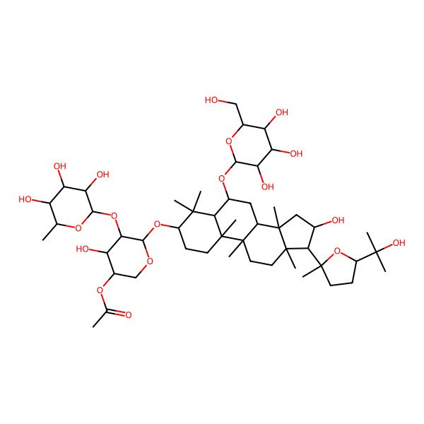 2D Structure of [(3R,4S,5R,6S)-4-hydroxy-6-[[(3S,5R,6S,8R,9R,10S,13R,14S,16S,17R)-16-hydroxy-17-[(2R,5S)-5-(2-hydroxypropan-2-yl)-2-methyloxolan-2-yl]-4,4,9,10,13,14-hexamethyl-6-[(2R,3R,4S,5S,6R)-3,4,5-trihydroxy-6-(hydroxymethyl)oxan-2-yl]oxy-1,2,3,5,6,7,8,11,12,15,16,17-dodecahydrocyclopenta[a]phenanthren-3-yl]oxy]-5-[(2S,3R,4R,5R,6S)-3,4,5-trihydroxy-6-methyloxan-2-yl]oxyoxan-3-yl] acetate