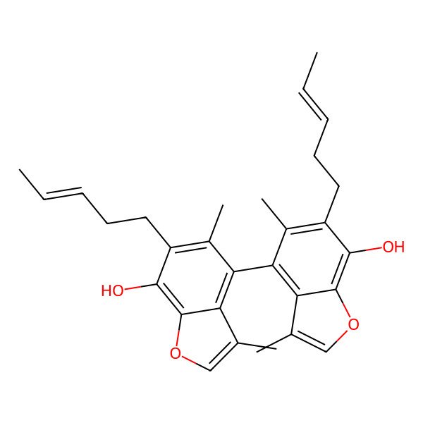 2D Structure of 4-[7-hydroxy-3,5-dimethyl-6-[(E)-pent-3-enyl]-1-benzofuran-4-yl]-3,5-dimethyl-6-[(E)-pent-3-enyl]-1-benzofuran-7-ol