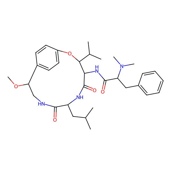 2D Structure of 2-(dimethylamino)-N-[11-methoxy-7-(2-methylpropyl)-5,8-dioxo-3-propan-2-yl-2-oxa-6,9-diazabicyclo[10.2.2]hexadeca-1(14),12,15-trien-4-yl]-3-phenylpropanamide