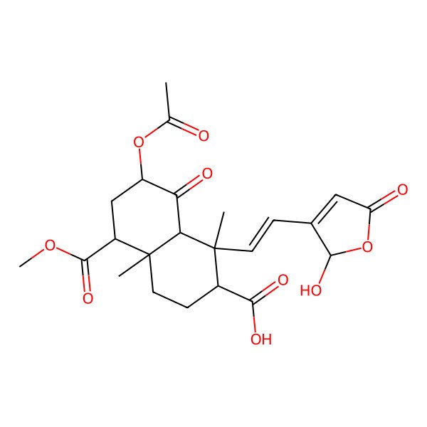 2D Structure of 7-acetyloxy-1-[2-(2-hydroxy-5-oxo-2H-furan-3-yl)ethenyl]-5-methoxycarbonyl-1,4a-dimethyl-8-oxo-3,4,5,6,7,8a-hexahydro-2H-naphthalene-2-carboxylic acid