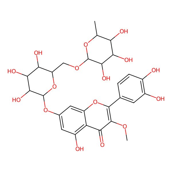 2D Structure of 2-(3,4-dihydroxyphenyl)-5-hydroxy-3-methoxy-7-[(2S,3S,4S,5S,6R)-3,4,5-trihydroxy-6-[[(2R,3R,4R,5R,6S)-3,4,5-trihydroxy-6-methyloxan-2-yl]oxymethyl]oxan-2-yl]oxychromen-4-one