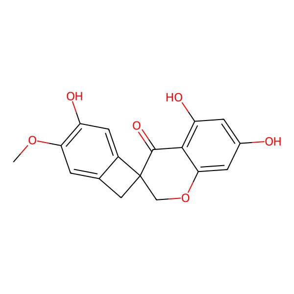 2D Structure of Spiro[2H-1-benzopyran-3(4H),7'-bicyclo[4.2.0]octa[1,3,5]trien]-4-one, 4',5,7-trihydroxy-3'-methoxy-, (3R)-