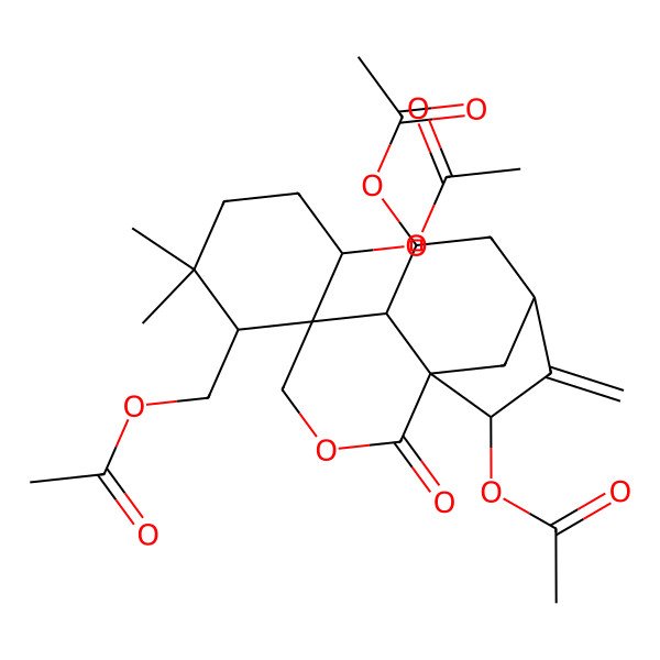 2D Structure of [(1S,1'R,3'S,5S,6S,7R,9S,11R)-3',7,11-triacetyloxy-6',6'-dimethyl-10-methylidene-2-oxospiro[3-oxatricyclo[7.2.1.01,6]dodecane-5,2'-cyclohexane]-1'-yl]methyl acetate
