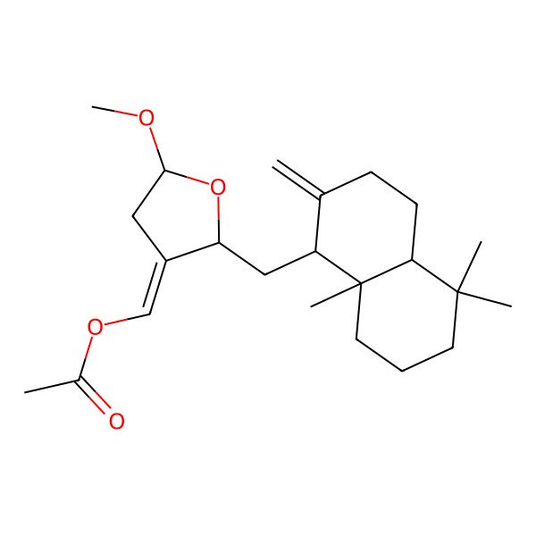 2D Structure of [(E)-[(2R,5S)-2-[[(1R,4aR,8aR)-5,5,8a-trimethyl-2-methylidene-3,4,4a,6,7,8-hexahydro-1H-naphthalen-1-yl]methyl]-5-methoxyoxolan-3-ylidene]methyl] acetate
