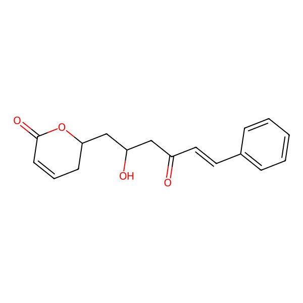 2D Structure of 5,6-Dihydro-6-(2-hydroxy-4-oxo-6-phenyl-5-hexenyl)-2h-pyran-2-one 2D Structure of 5,6-Dihydro-6-(2-hydroxy-4-oxo-6-phenyl-5-hexenyl)-2h-pyran-2-one