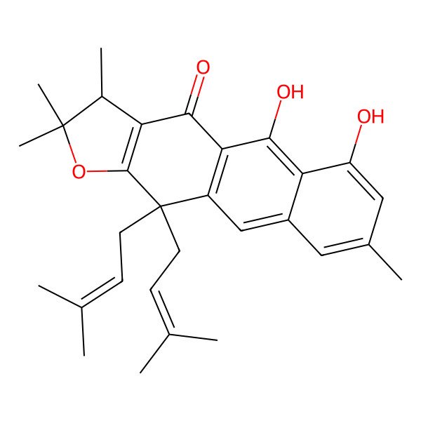 2D Structure of 5,6-dihydroxy-2,2,3,8-tetramethyl-11,11-bis(3-methylbut-2-enyl)-3H-naphtho[2,3-f][1]benzofuran-4-one