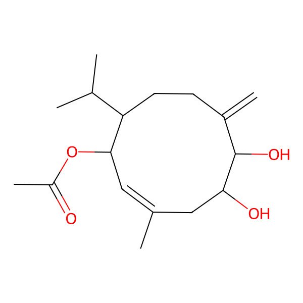 2D Structure of (5,6-Dihydroxy-3-methyl-7-methylidene-10-propan-2-ylcyclodec-2-en-1-yl) acetate