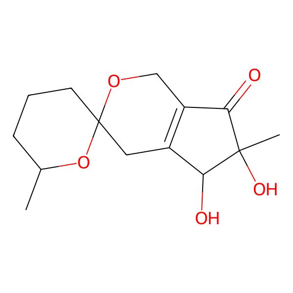 2D Structure of 5,6-dihydroxy-6,6'-dimethylspiro[4,5-dihydro-1H-cyclopenta[c]pyran-3,2'-oxane]-7-one