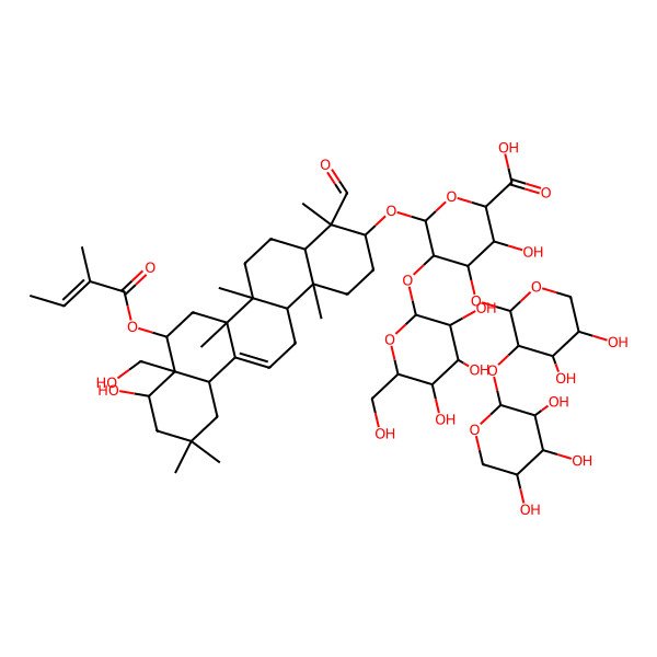 2D Structure of 4-[4,5-Dihydroxy-3-(3,4,5-trihydroxyoxan-2-yl)oxyoxan-2-yl]oxy-6-[[4-formyl-9-hydroxy-8a-(hydroxymethyl)-4,6a,6b,11,11,14b-hexamethyl-8-(2-methylbut-2-enoyloxy)-1,2,3,4a,5,6,7,8,9,10,12,12a,14,14a-tetradecahydropicen-3-yl]oxy]-3-hydroxy-5-[3,4,5-trihydroxy-6-(hydroxymethyl)oxan-2-yl]oxyoxane-2-carboxylic acid