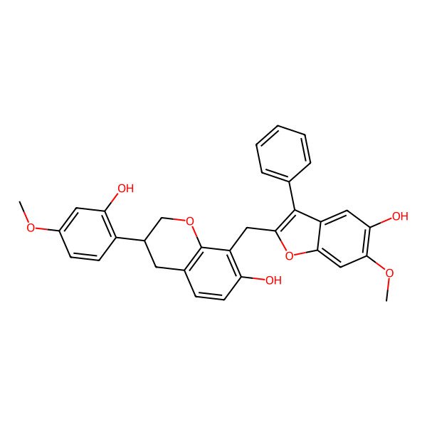 2D Structure of (3S)-3-(2-hydroxy-4-methoxyphenyl)-8-[(5-hydroxy-6-methoxy-3-phenyl-1-benzofuran-2-yl)methyl]-3,4-dihydro-2H-chromen-7-ol