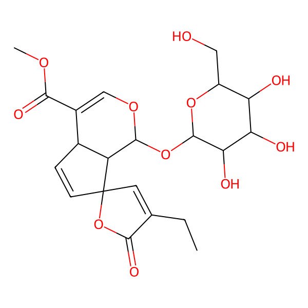 2D Structure of methyl (1R,4aS,7R,7aS)-4'-ethyl-5'-oxo-1-[(2S,3R,4S,5S,6R)-3,4,5-trihydroxy-6-(hydroxymethyl)oxan-2-yl]oxyspiro[4a,7a-dihydro-1H-cyclopenta[c]pyran-7,2'-furan]-4-carboxylate