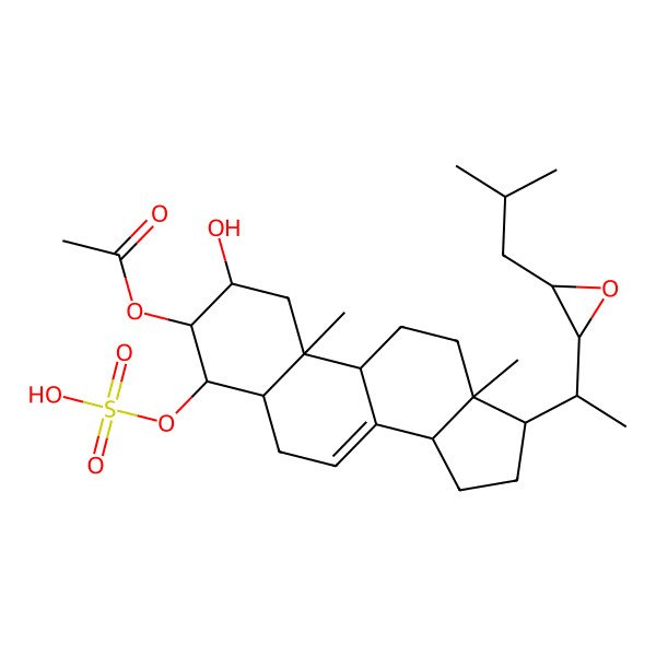 2D Structure of [(2R,3S,4S,9R,10R,13R,14R,17R)-2-hydroxy-10,13-dimethyl-17-[(1S)-1-[(2S,3S)-3-(2-methylpropyl)oxiran-2-yl]ethyl]-4-sulfooxy-2,3,4,5,6,9,11,12,14,15,16,17-dodecahydro-1H-cyclopenta[a]phenanthren-3-yl] acetate