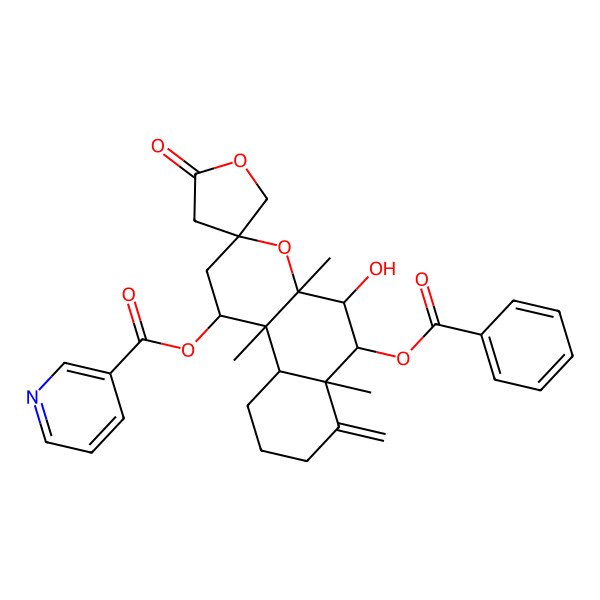 2D Structure of (6-Benzoyloxy-5-hydroxy-4a,6a,10b-trimethyl-7-methylidene-2'-oxospiro[1,2,5,6,8,9,10,10a-octahydrobenzo[f]chromene-3,4'-oxolane]-1-yl) pyridine-3-carboxylate