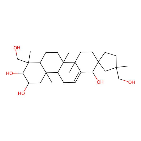 2D Structure of 1',7-bis(hydroxymethyl)-1',4a,4b,7,10a-pentamethylspiro[3,4,5,6,6a,8,9,10,10b,11-decahydro-1H-chrysene-2,3'-cyclopentane]-1,8,9-triol