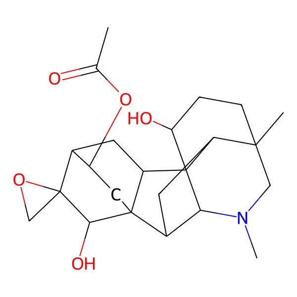2D Structure of [(1R,2S,5S,8R,9R,10S,12S,13R,15R,16R,18S,19S)-2,19-dihydroxy-5,7-dimethylspiro[7-azahexacyclo[7.6.2.210,13.01,8.05,16.010,15]nonadecane-18,2'-oxirane]-12-yl] acetate