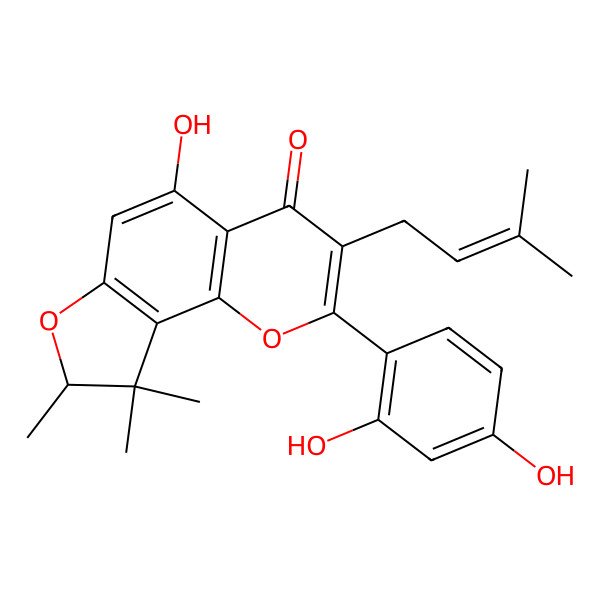 2D Structure of (8S)-2-(2,4-dihydroxyphenyl)-5-hydroxy-8,9,9-trimethyl-3-(3-methylbut-2-enyl)-8H-furo[2,3-h]chromen-4-one