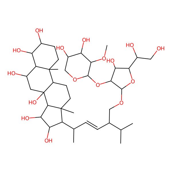 2D Structure of (3S,4R,5S,6S,8S,9R,10S,13R,14S,15S,16R,17R)-17-[(E,2R,5S)-5-[[(2R,3R,4S,5S)-5-[(1R)-1,2-dihydroxyethyl]-3-[(2S,3R,4S,5R)-4,5-dihydroxy-3-methoxyoxan-2-yl]oxy-4-hydroxyoxolan-2-yl]oxymethyl]-6-methylhept-3-en-2-yl]-10,13-dimethyl-1,2,3,4,5,6,7,9,11,12,14,15,16,17-tetradecahydrocyclopenta[a]phenanthrene-3,4,6,8,15,16-hexol