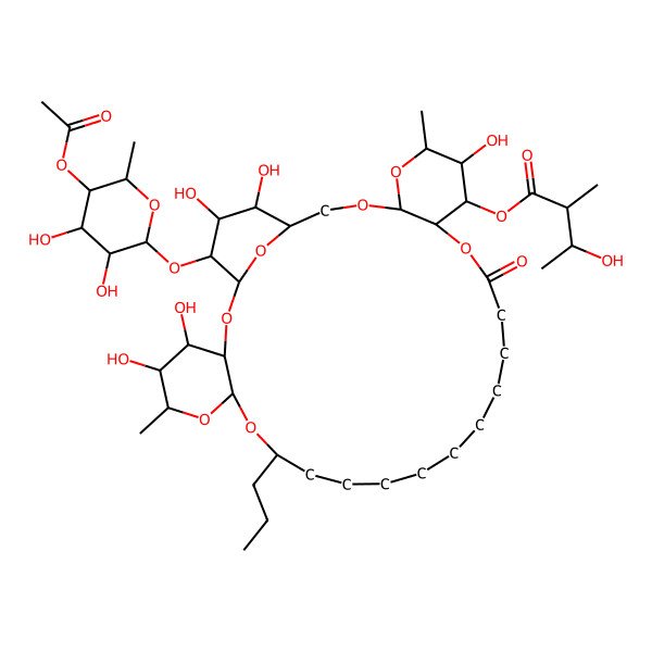 2D Structure of [33-(5-Acetyloxy-3,4-dihydroxy-6-methyloxan-2-yl)oxy-4,5,24,31,32-pentahydroxy-6,25-dimethyl-20-oxo-10-propyl-2,7,9,21,26,28,34-heptaoxatetracyclo[28.3.1.03,8.022,27]tetratriacontan-23-yl] 3-hydroxy-2-methylbutanoate