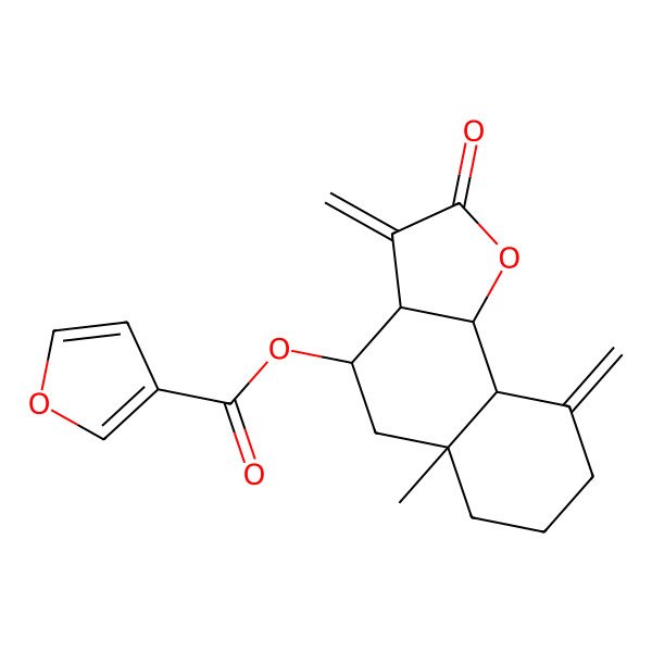 2D Structure of [(3aR,4R,5aS,9aR,9bS)-5a-methyl-3,9-dimethylidene-2-oxo-3a,4,5,6,7,8,9a,9b-octahydrobenzo[g][1]benzofuran-4-yl] furan-3-carboxylate
