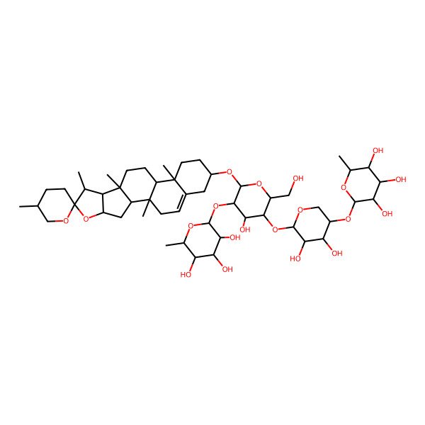 2D Structure of (2S,3R,4R,5R,6S)-2-[(3S,4S,5R,6S)-4,5-dihydroxy-6-[(2R,3S,4S,5R,6R)-4-hydroxy-2-(hydroxymethyl)-6-[(1S,2S,4S,5'R,6R,7S,8R,9S,12S,13R,16S)-1,5',7,9,13-pentamethylspiro[5-oxapentacyclo[10.8.0.02,9.04,8.013,18]icos-18-ene-6,2'-oxane]-16-yl]oxy-5-[(2S,3R,4R,5R,6S)-3,4,5-trihydroxy-6-methyloxan-2-yl]oxyoxan-3-yl]oxyoxan-3-yl]oxy-6-methyloxane-3,4,5-triol