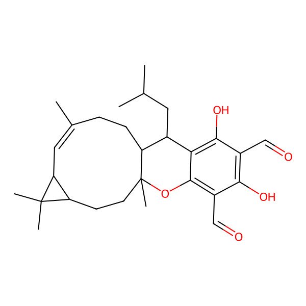 2D Structure of (1R,4S,6R,7E,11S,12R)-14,16-dihydroxy-1,5,5,8-tetramethyl-12-(2-methylpropyl)-19-oxatetracyclo[9.8.0.04,6.013,18]nonadeca-7,13,15,17-tetraene-15,17-dicarbaldehyde