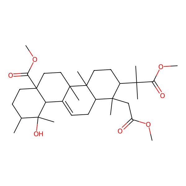 2D Structure of methyl (1R,2S,4aR,4bS,6aS,9R,10R,10aS,12aS)-10-hydroxy-2-(1-methoxy-2-methyl-1-oxopropan-2-yl)-1-(2-methoxy-2-oxoethyl)-1,4a,4b,9,10-pentamethyl-3,4,5,6,7,8,9,10a,12,12a-decahydro-2H-chrysene-6a-carboxylate