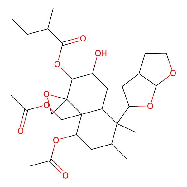 2D Structure of [(1R,2S,3R,4aR,5S,6R,8S,8aR)-5-[(3aR,5S,6aS)-2,3,3a,4,5,6a-hexahydrofuro[2,3-b]furan-5-yl]-8-acetyloxy-8a-(acetyloxymethyl)-3-hydroxy-5,6-dimethylspiro[3,4,4a,6,7,8-hexahydro-2H-naphthalene-1,2'-oxirane]-2-yl] (2R)-2-methylbutanoate
